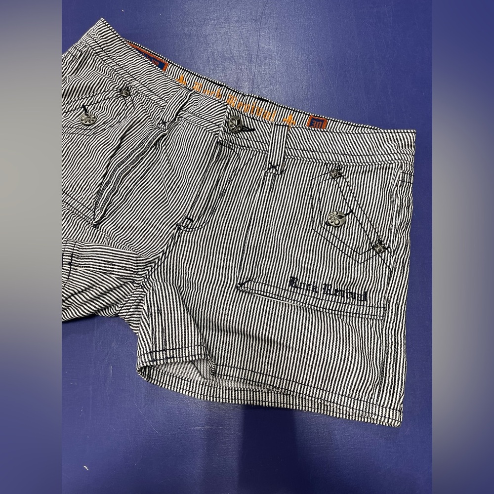 Rock Revival Buckle Fleur De Lis Flap Pocket Pin Stripe Denim Shorts